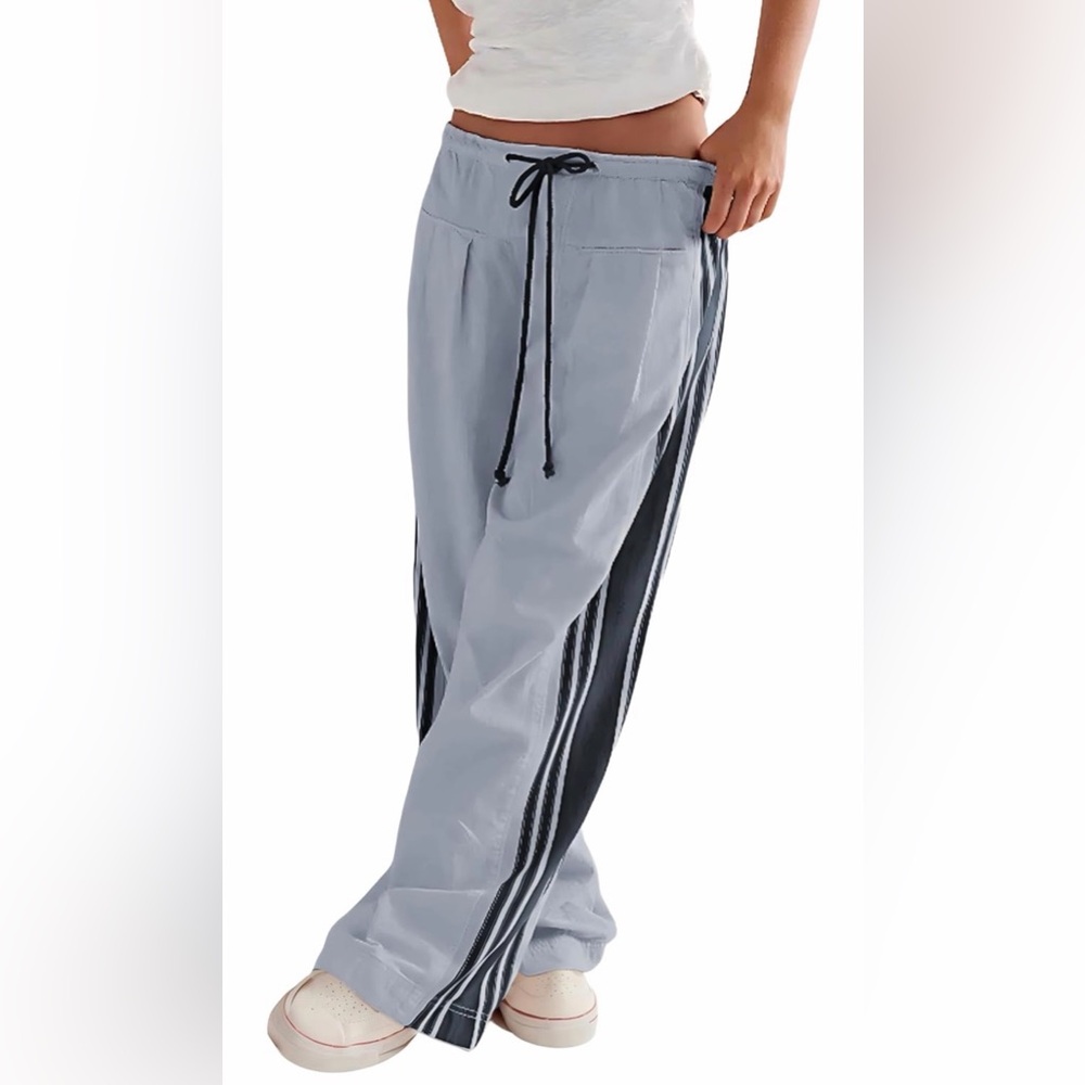 Women's Wide Leg Pants Drawstring High Rise Side Striped Slouchy Palazzo Pants